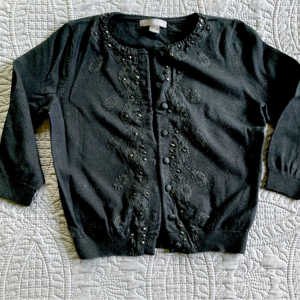 Embroidered and embellished crop sweater. Button down. Black.